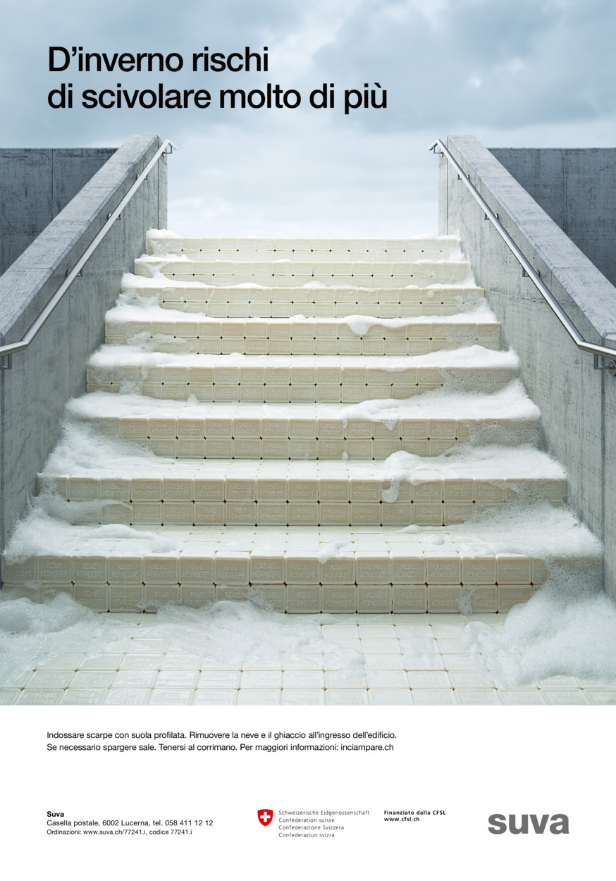 manifesto "Attenzione: rischio di scivolare! Prevenire le cadute d'inverno."