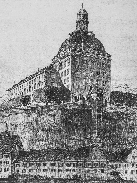 Il progetto vincitore visto dal lato sud-est. L'edificio è situato cima alla parete rocciosa della Fluhmatt.