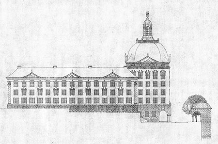 Il progetto rielaborato, con l'edificio arretrato rispetto ai margini della parete rocciosa.