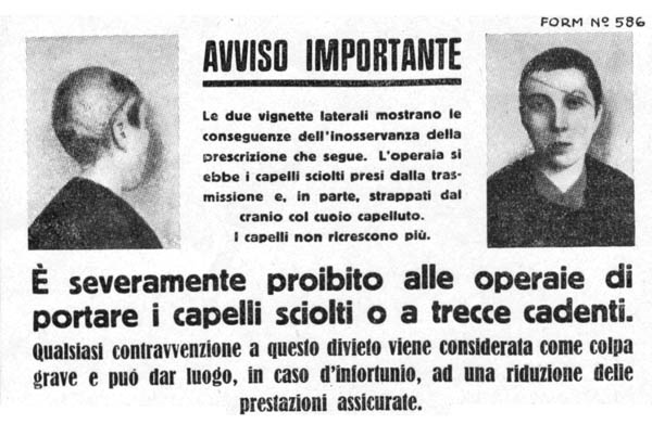Ammonimento rivolto alle lavoratrici tessili tramite un'immagine shock, 1932