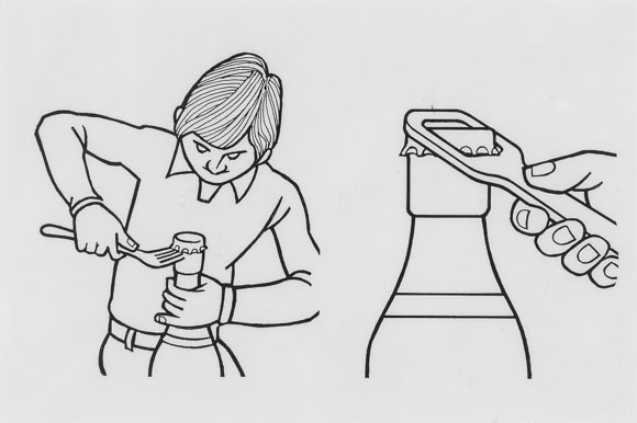 Prevenzione degli infortuni mediante l'insegnamento: disegno del 1975 che spiega come aprire correttamente le bottiglie