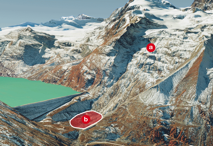 Situazione del ghiacciaio dell'Allalin e del cantiere di Mattmark